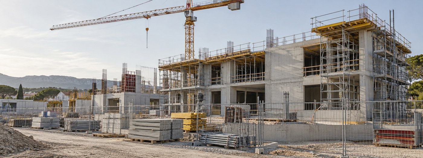 Illustration d’un chantier de construction avec grue et échafaudages