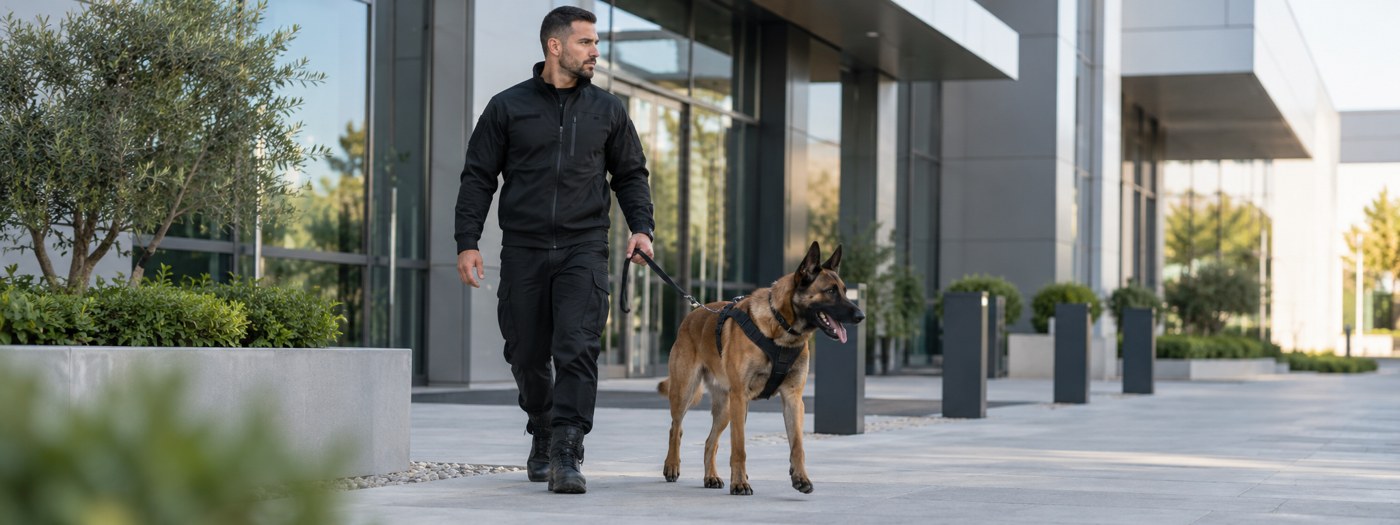 Illustration d’un agent de sécurité avec son chien en patrouille