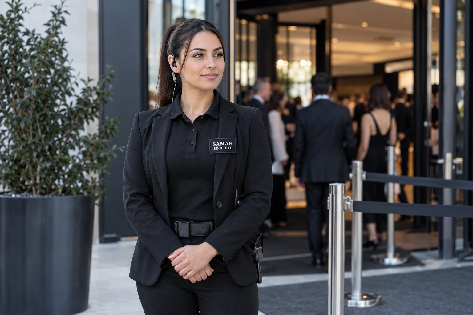 Illustration d’une agente en tenue Samah Sécurité à l’entrée d’un événement